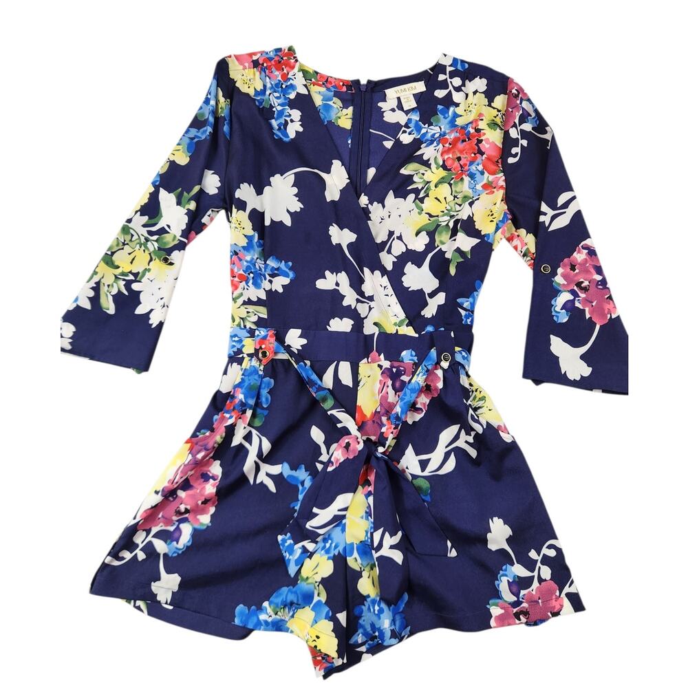 Yumi Kim Navy Floral Wrap Romper with Bright Blooms
